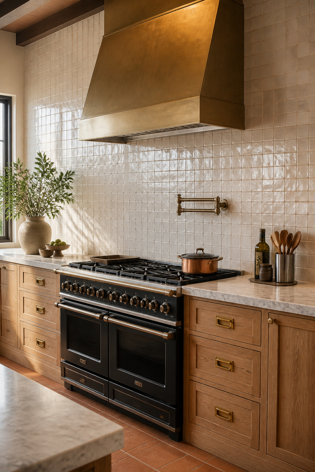 Authentic Zellige tile's reactive glaze and hand-pressed surface creates a luminous kitchen backsplash that shifts character with every change in ambient light.