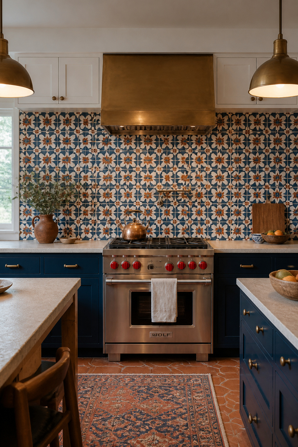 Sealed encaustic cement tile in a deep cobalt and terracotta Moroccan star pattern transforms the range wall of this bold eclectic kitchen into an unmistakable design statement.