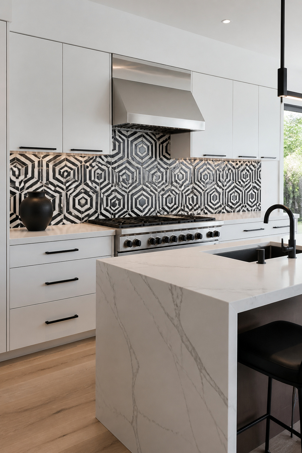Bold black and white geometric hexagonal tile turns the range wall into an intentional design statement in this graphic modern kitchen.