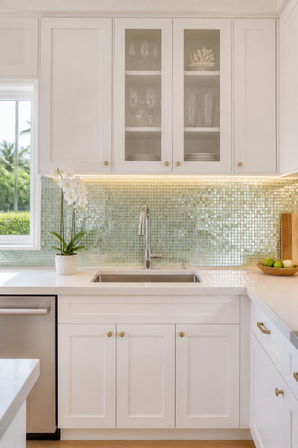 Iridescent sea-glass green mosaic tile catches and scatters light across multiple directions, making this compact kitchen feel noticeably brighter and more expansive.