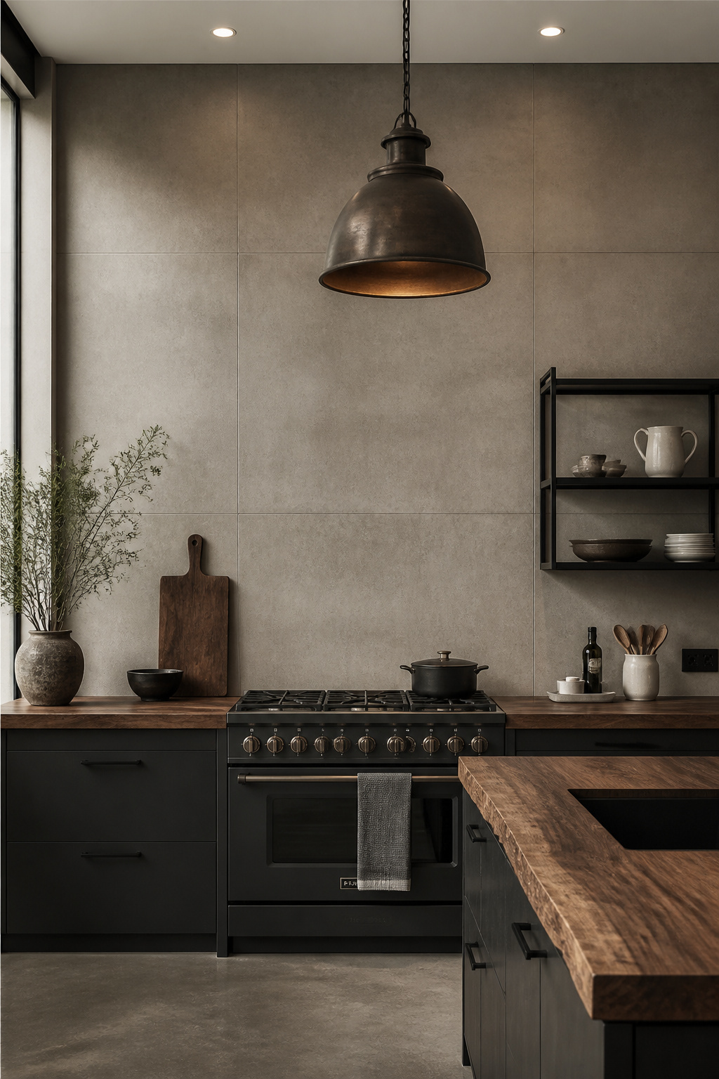 Large-format 24x48 inch concrete-look porcelain tile creates a near-seamless industrial backsplash in this modern kitchen, balanced by a live edge walnut countertop and matte black hardware.