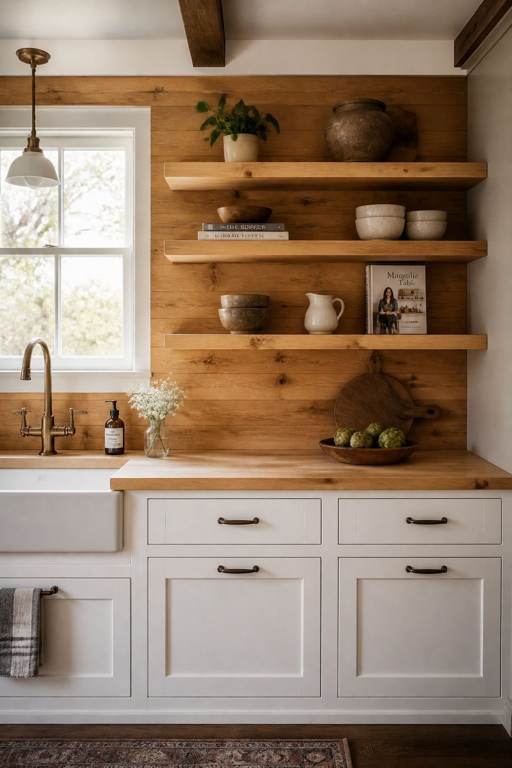 A butcher block backsplash below open oak floating shelves brings warmth and material character to a farmhouse kitchen that ceramic tile simply cannot replicate.