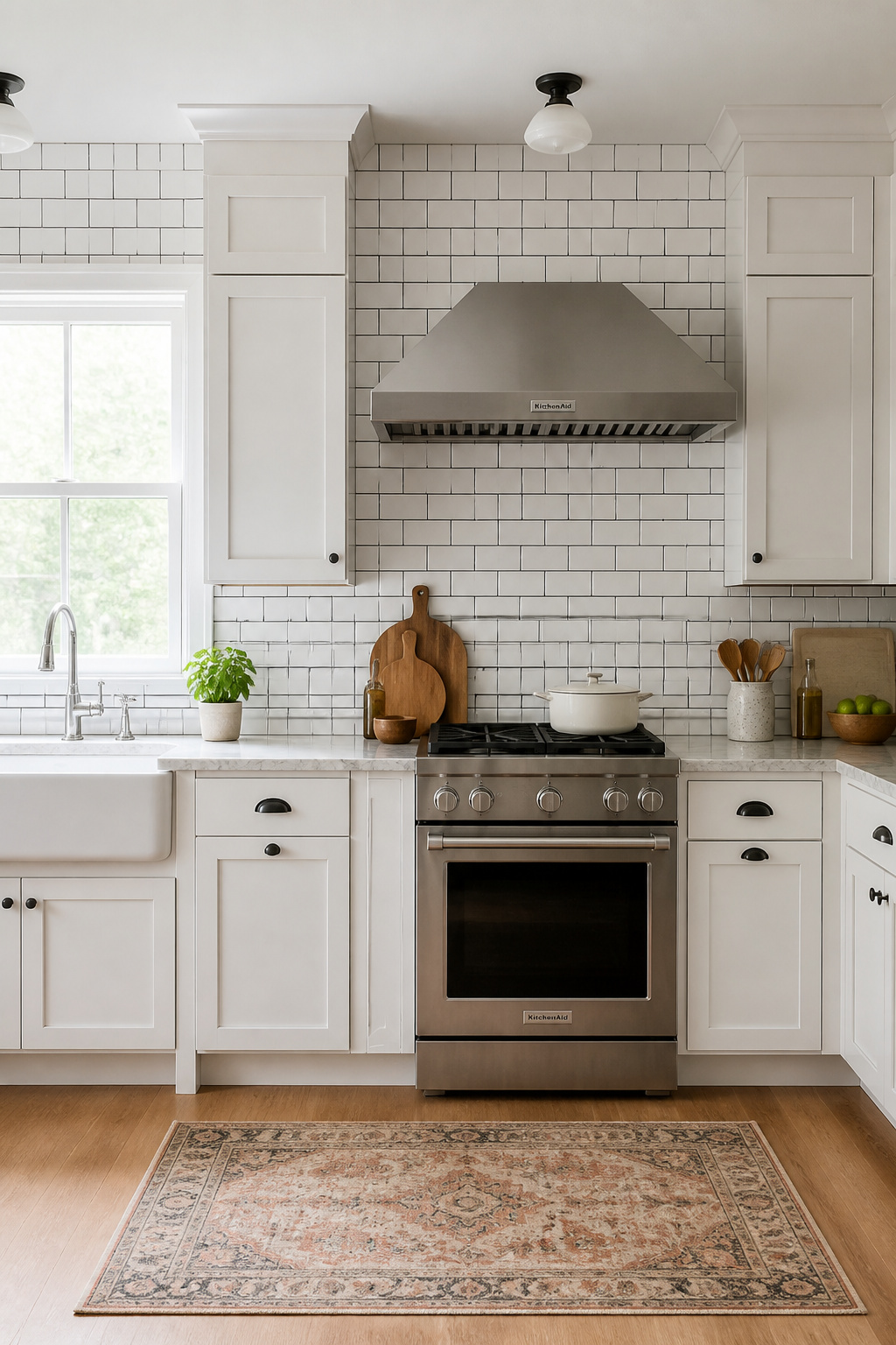 Classic white subway tile with charcoal grout creates a timeless kitchen backsplash that works with almost any cabinet colour, hardware finish, or countertop material.