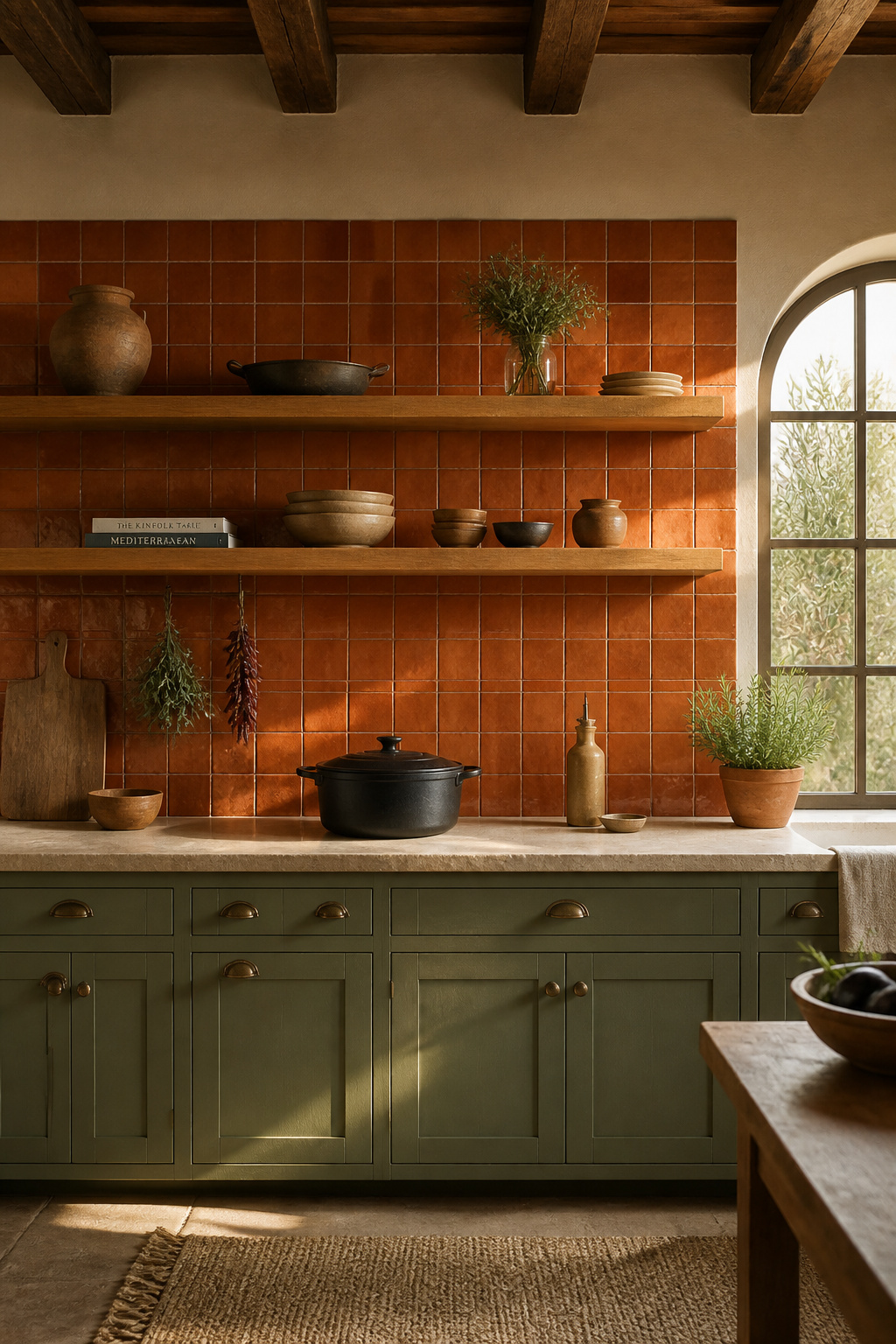 Sealed Italian terracotta tile paired with sage green cabinets and open oak shelving creates an unmistakably warm Mediterranean kitchen atmosphere.