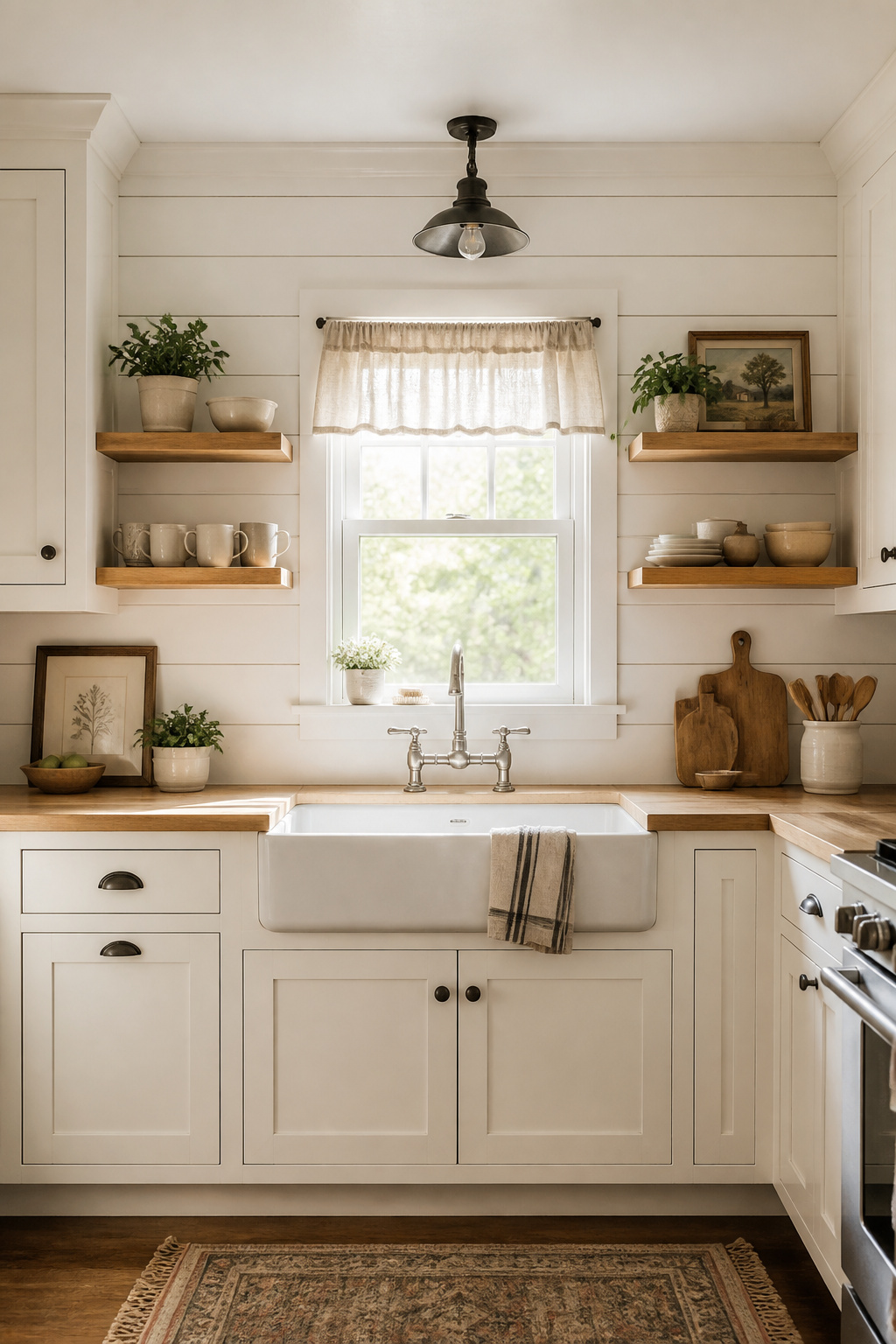 Painted semi-gloss white shiplap on the sink wall delivers farmhouse warmth and texture in this charming cottage kitchen at a fraction of the cost of tile.