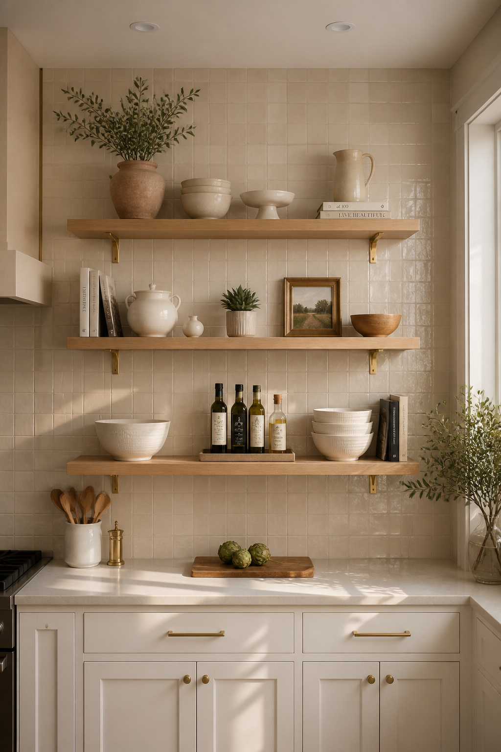 Natural oak floating shelves against a warm Zellige tile wall create a layered kitchen display where the backsplash becomes as much a part of the styling as the objects on the shelves.