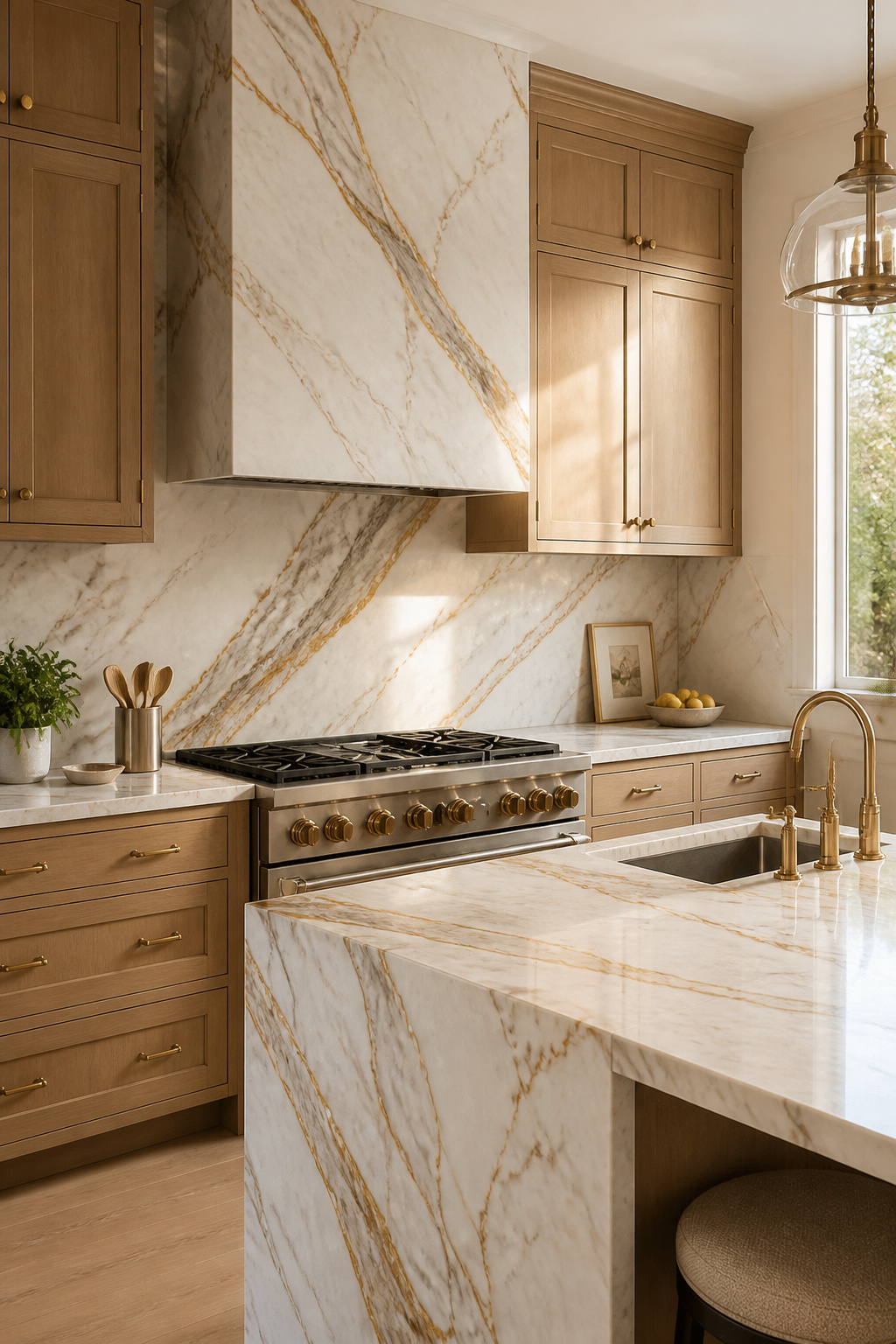 A continuous Calacatta Gold marble slab from countertop to upper cabinet base eliminates every grout line for the cleanest, most seamless kitchen backsplash look possible.