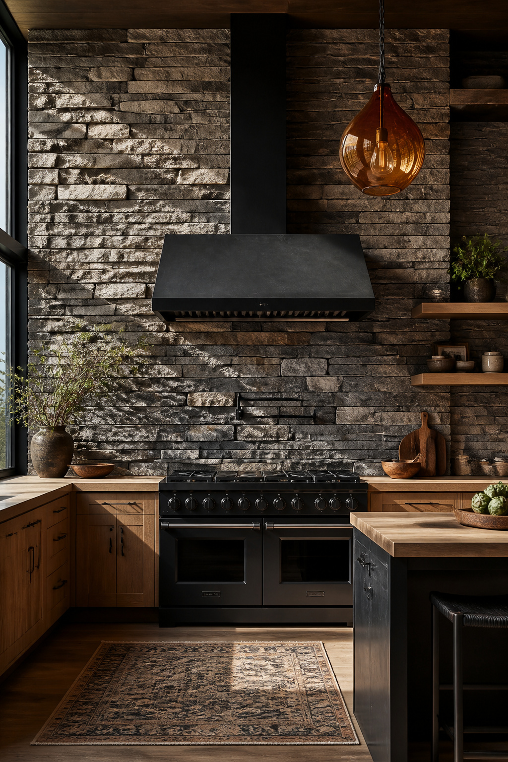 Stacked quartzite ledger stone from countertop to ceiling creates an architectural feature wall around the range that completely redefines this modern-rustic kitchen.