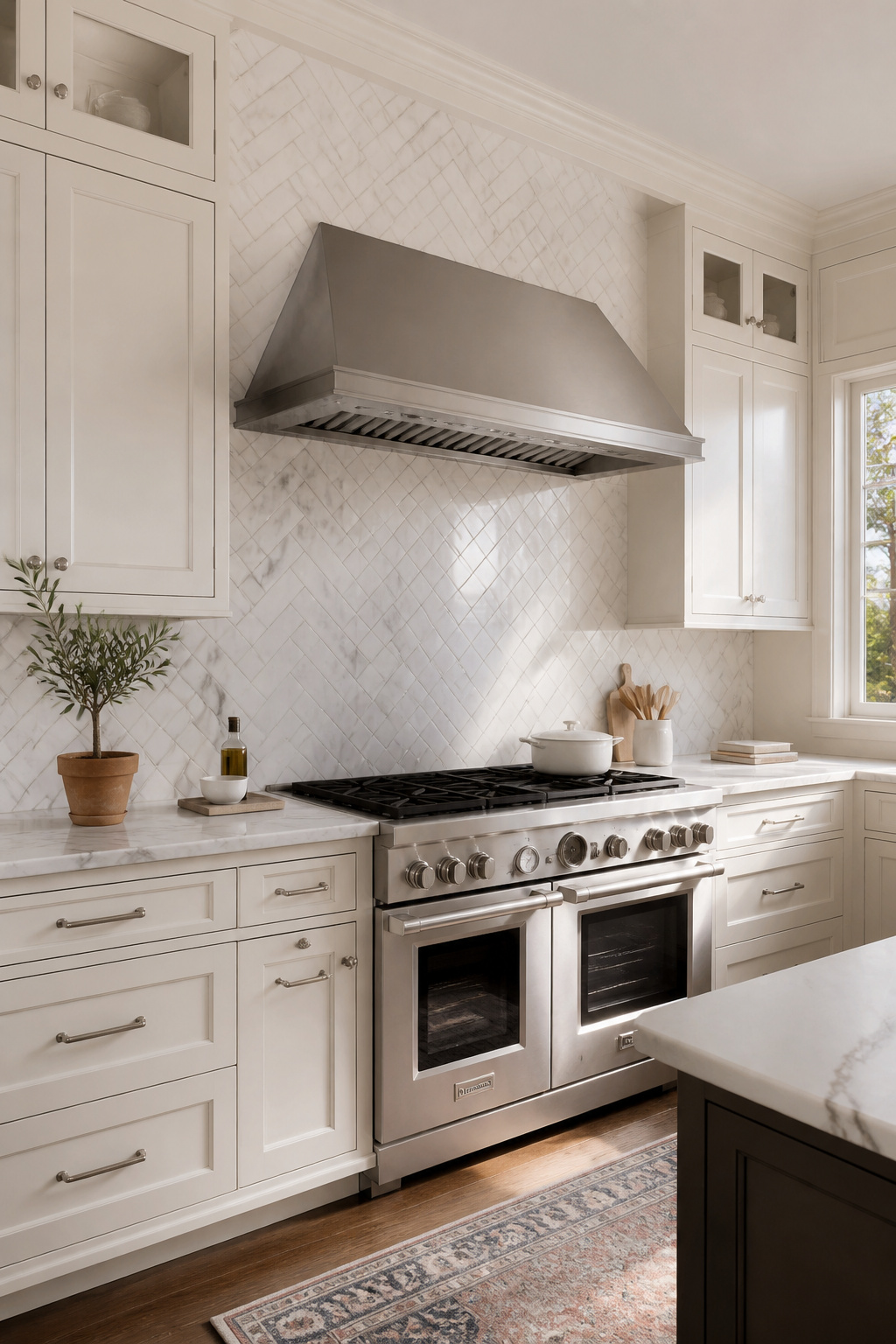 Carrara marble in a herringbone layout creates directional movement and visual dimension across the range wall of this timeless white kitchen.