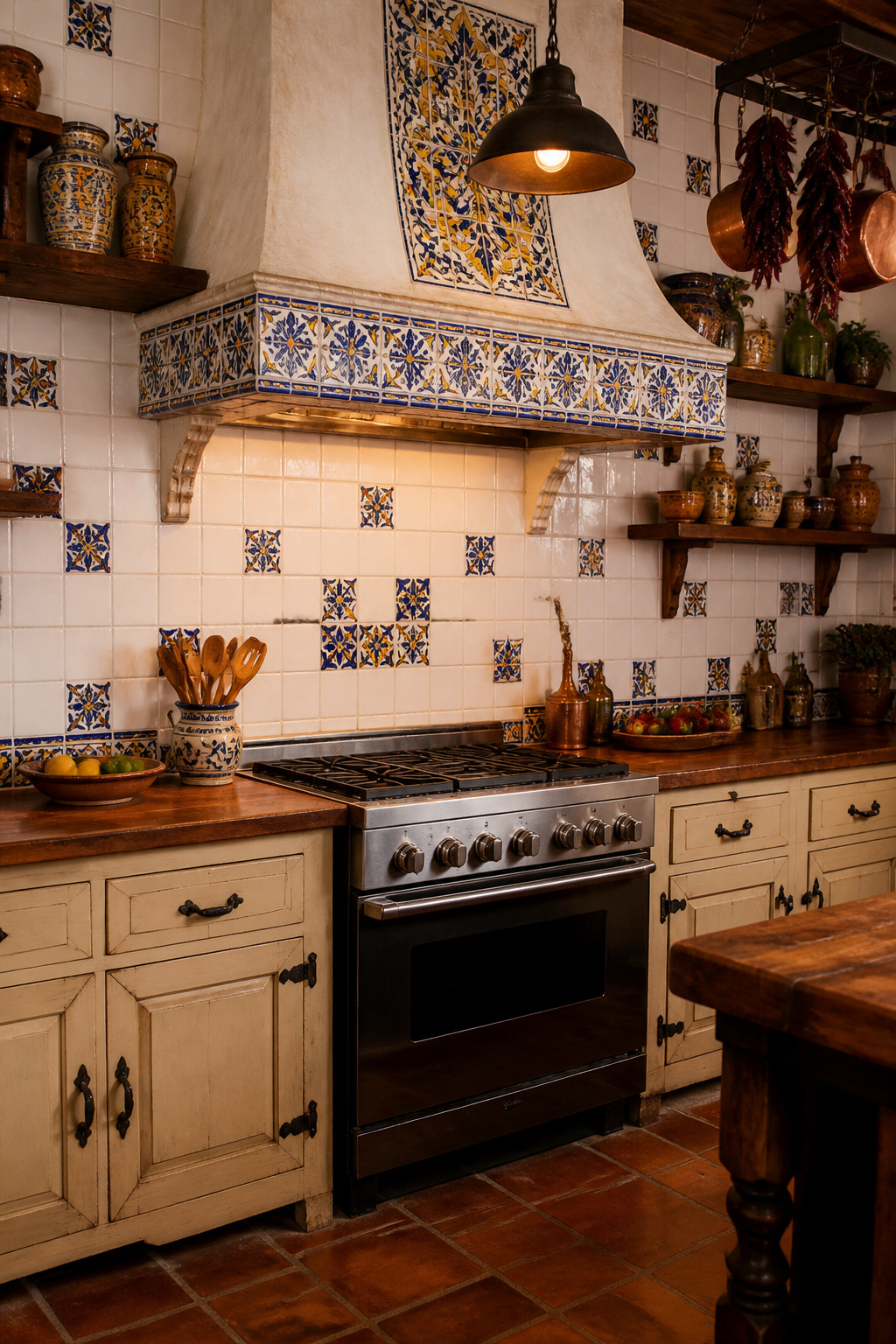 Hand-painted Talavera tile accents concentrated at the range hood surround bring vivid artisan personality to this eclectic Mexican colonial kitchen without overwhelming the space.