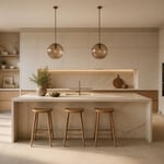 A beautifully composed minimalistic kitchen with handleless white lacquer cabinetry, a honed quartzite waterfall island, warm oak accents, and smoked glass pendants — a space that proves restraint is the most powerful design tool.