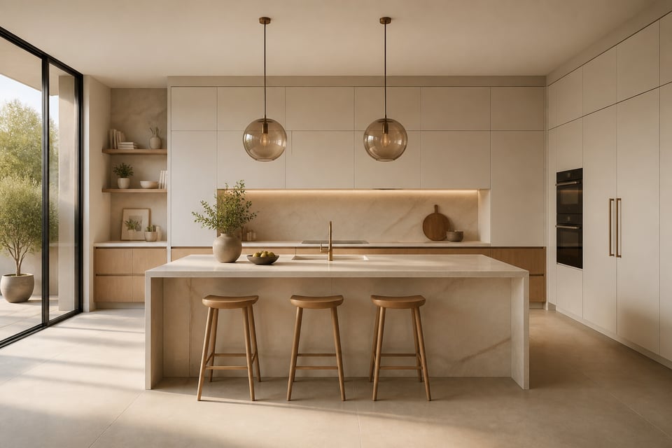 A beautifully composed minimalistic kitchen with handleless white lacquer cabinetry, a honed quartzite waterfall island, warm oak accents, and smoked glass pendants — a space that proves restraint is the most powerful design tool.