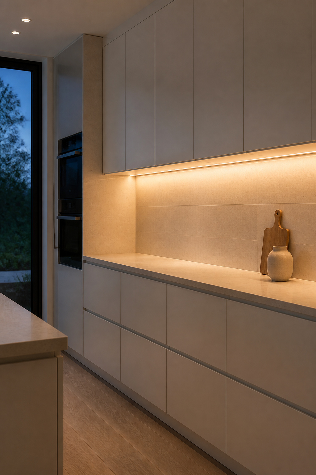 Under-cabinet LED lighting at 3000K transforms a white kitchen at dusk — the warm illuminated countertop band and the soft shadow above creating architectural depth that daylight alone cannot achieve.