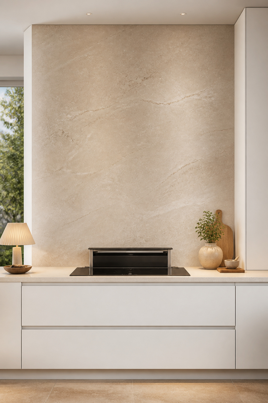 A floor-to-ceiling limestone-look porcelain backsplash eliminates every material transition behind the hob, reducing the kitchen's visual complexity to a single quiet surface.