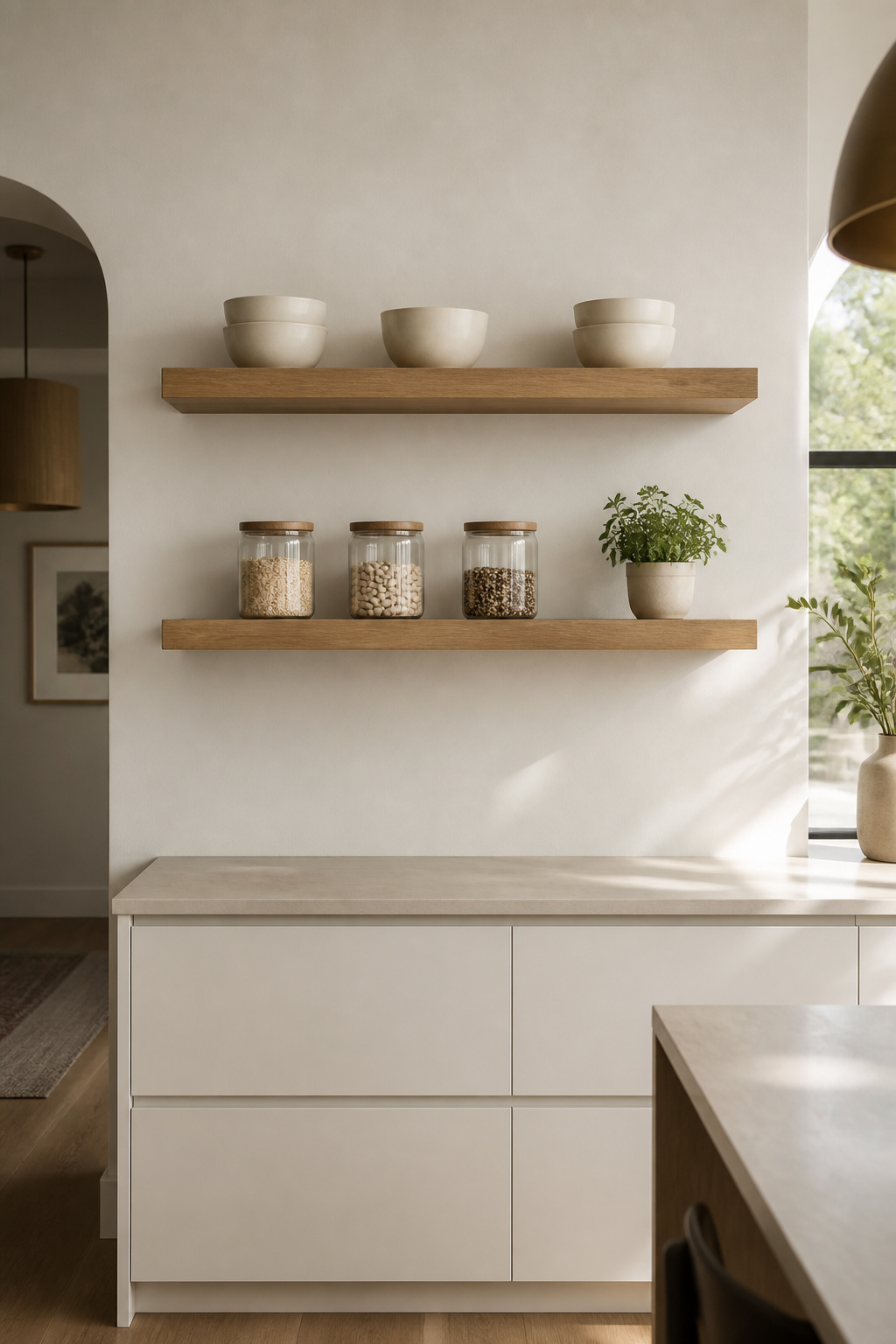 Thick white oak floating shelves with disciplined curation — matching ceramics, clear glass storage jars, generous negative space — demonstrate that open shelving works best when the edit is ruthless.