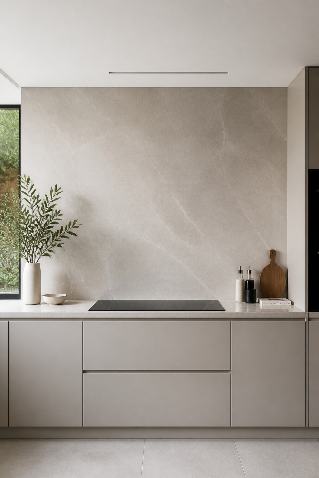 A ceiling cassette extraction system leaves the back wall and ceiling of the cooking zone completely uninterrupted — the hood-free kitchen design move that makes every other minimalist decision possible.