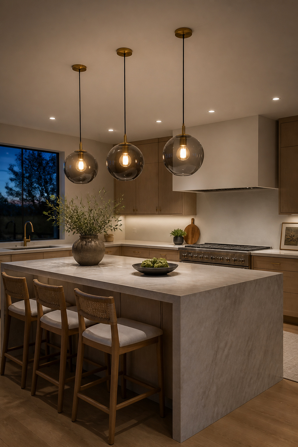 Three identical smoked glass globe pendants hanging in a single row above a quartzite island — one pendant type, one confident design decision, the minimalist lighting principle perfectly executed.