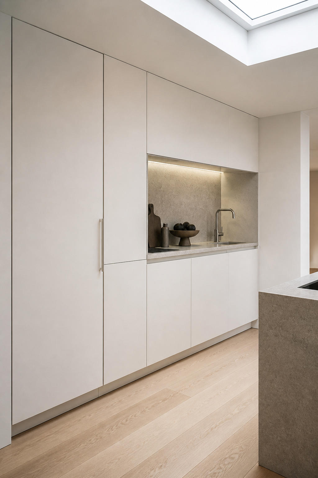 Panel-front integrated appliances disappear seamlessly into the cabinet run, creating a kitchen that appears to have no appliances at all — the defining move of a truly minimal space.
