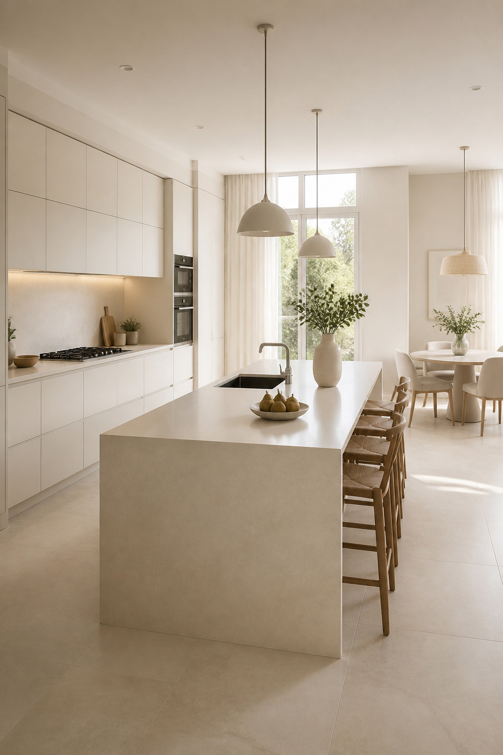 An all-tonal kitchen palette — warm whites and soft greiges across every surface — proves that restraint in colour is its own form of sophistication.