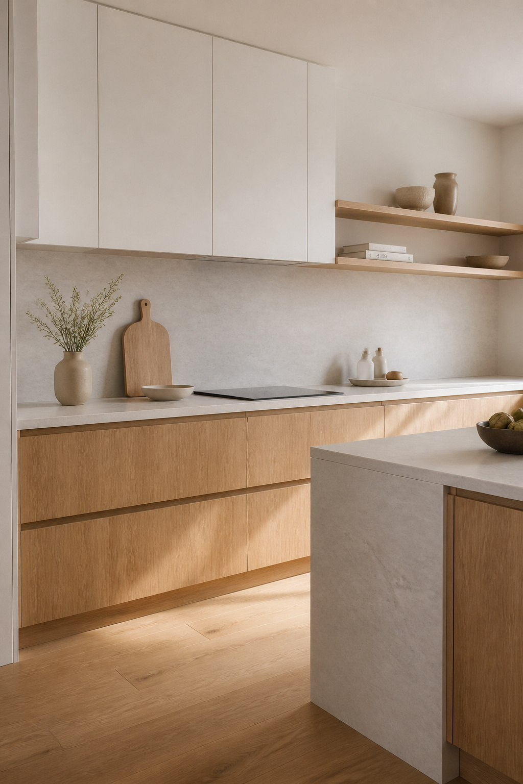 Natural white oak lower cabinets against matte white lacquer uppers — the Japandi kitchen combination that introduces organic warmth without compromising the minimalist intention.