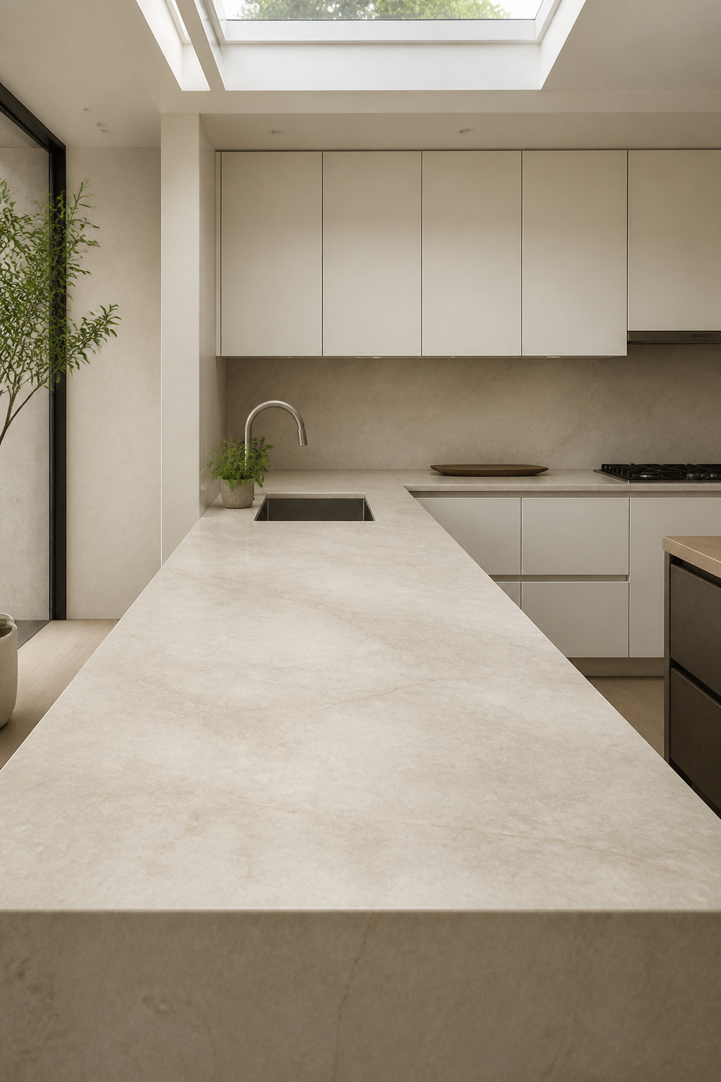 Honed Taj Mahal quartzite runs the full length of this minimalist kitchen — its soft beige-cream tone with barely-visible silver veining present enough to read as natural stone, quiet enough never to dominate.