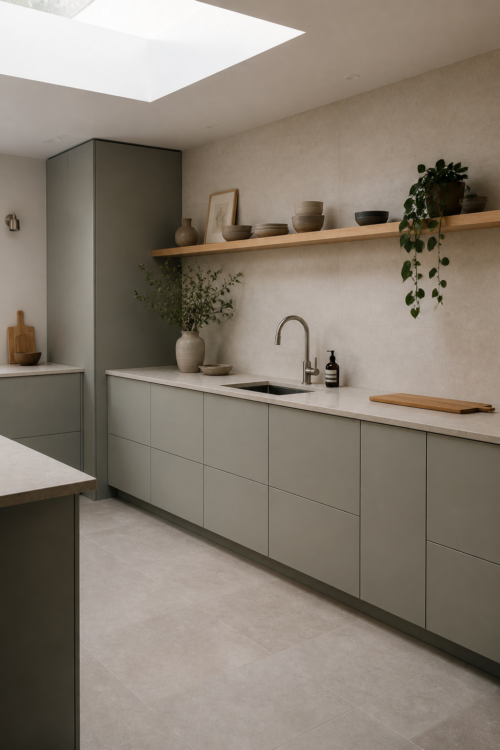 A kitchen where every surface — cabinet, countertop, backsplash, floor — has a matte or honed finish: the result is a space of remarkable visual calm where absorbed light does the work colour usually does.