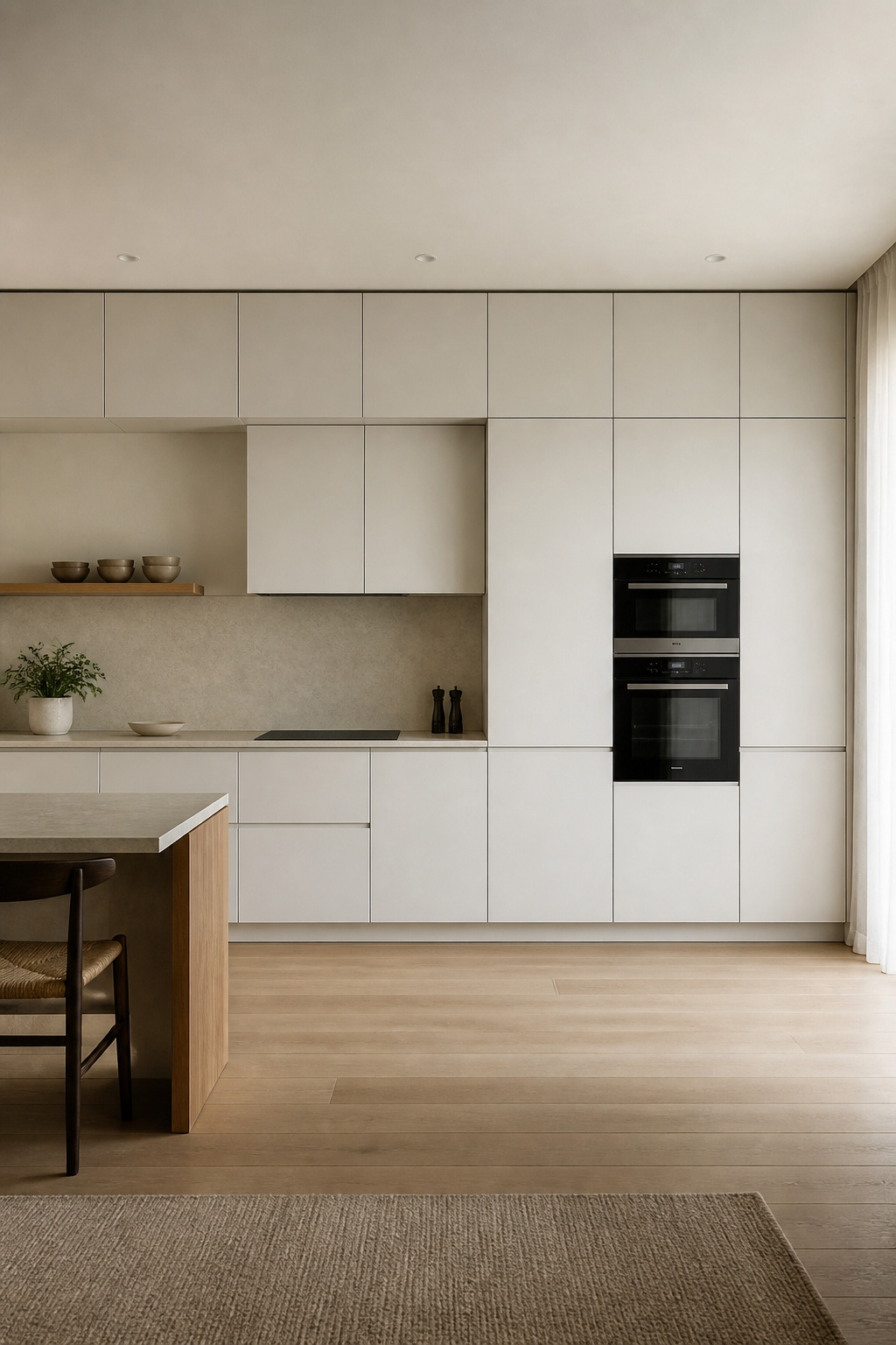A seamless run of handleless flat-front matte white cabinetry demonstrates how the absence of hardware transforms a kitchen wall into a single calm plane.