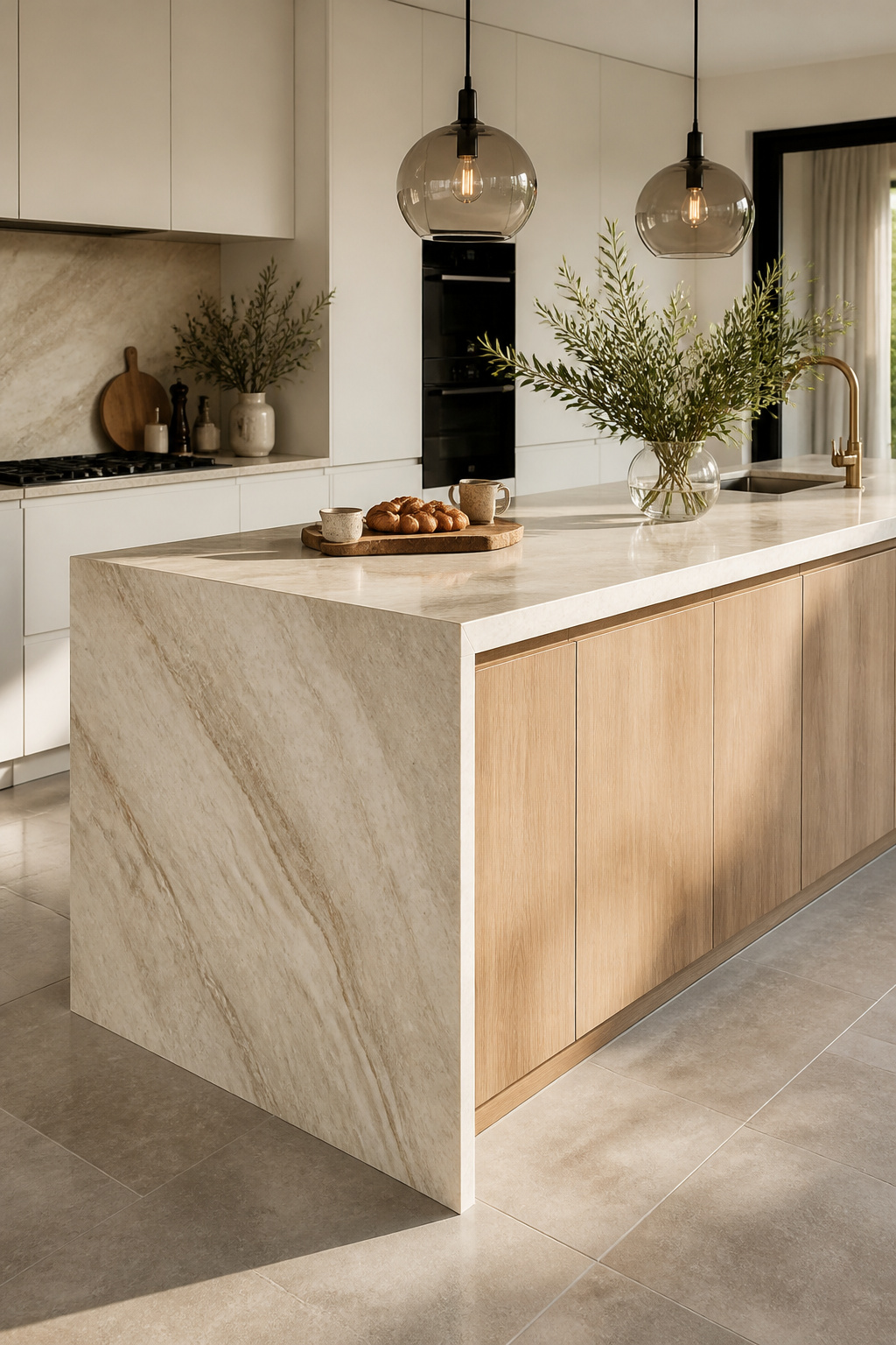 A honed quartzite waterfall island edge — the stone continuing uninterrupted from the counter surface down to the floor — makes a sculptural statement that no other single kitchen element can match.