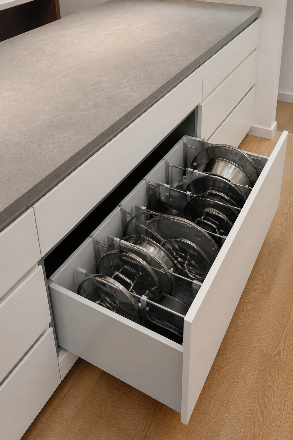 A fully-extended deep drawer with upright pot and pan organisation demonstrates how the all-drawer kitchen delivers professional storage capacity while keeping the countertop completely clear.