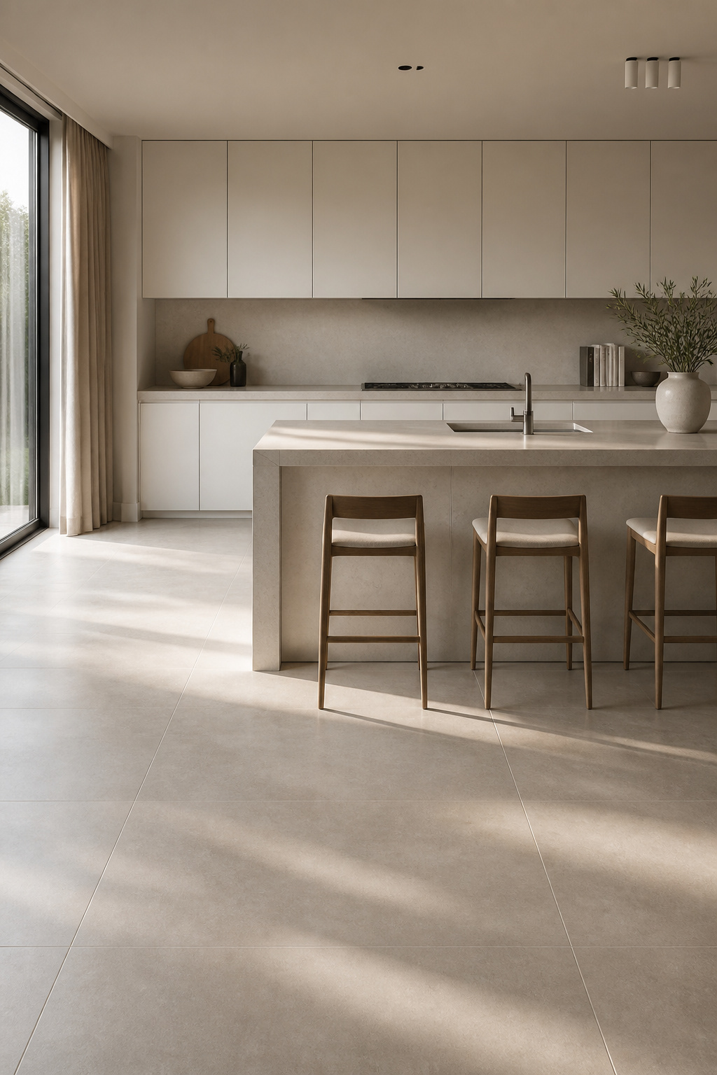 Large-format 600x1200mm matte porcelain floor tiles continuing the countertop's warm greige tone demonstrate how monochromatic flooring dissolves the visual boundary between surfaces and adds perceived height.