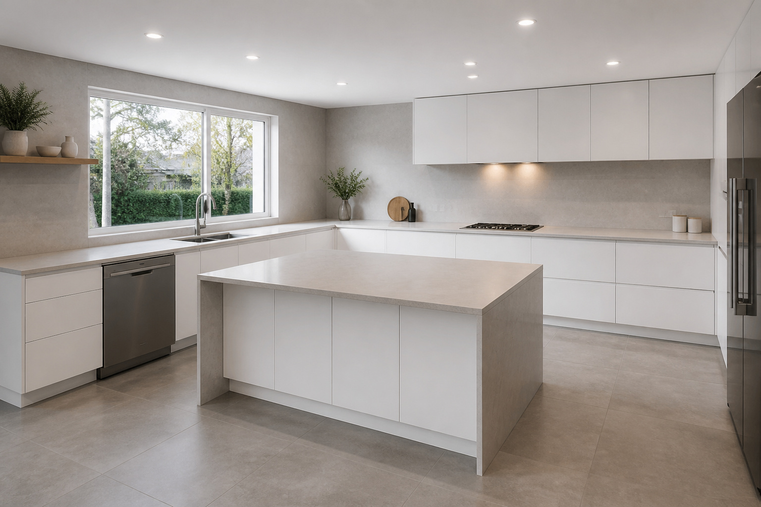 A complete minimalist kitchen at its best — handleless cabinets, seamless worktops, tonal palette, and large-format floors working together as a single resolved design.