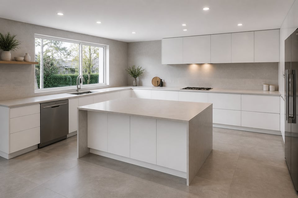 A complete minimalist kitchen at its best — handleless cabinets, seamless worktops, tonal palette, and large-format floors working together as a single resolved design.