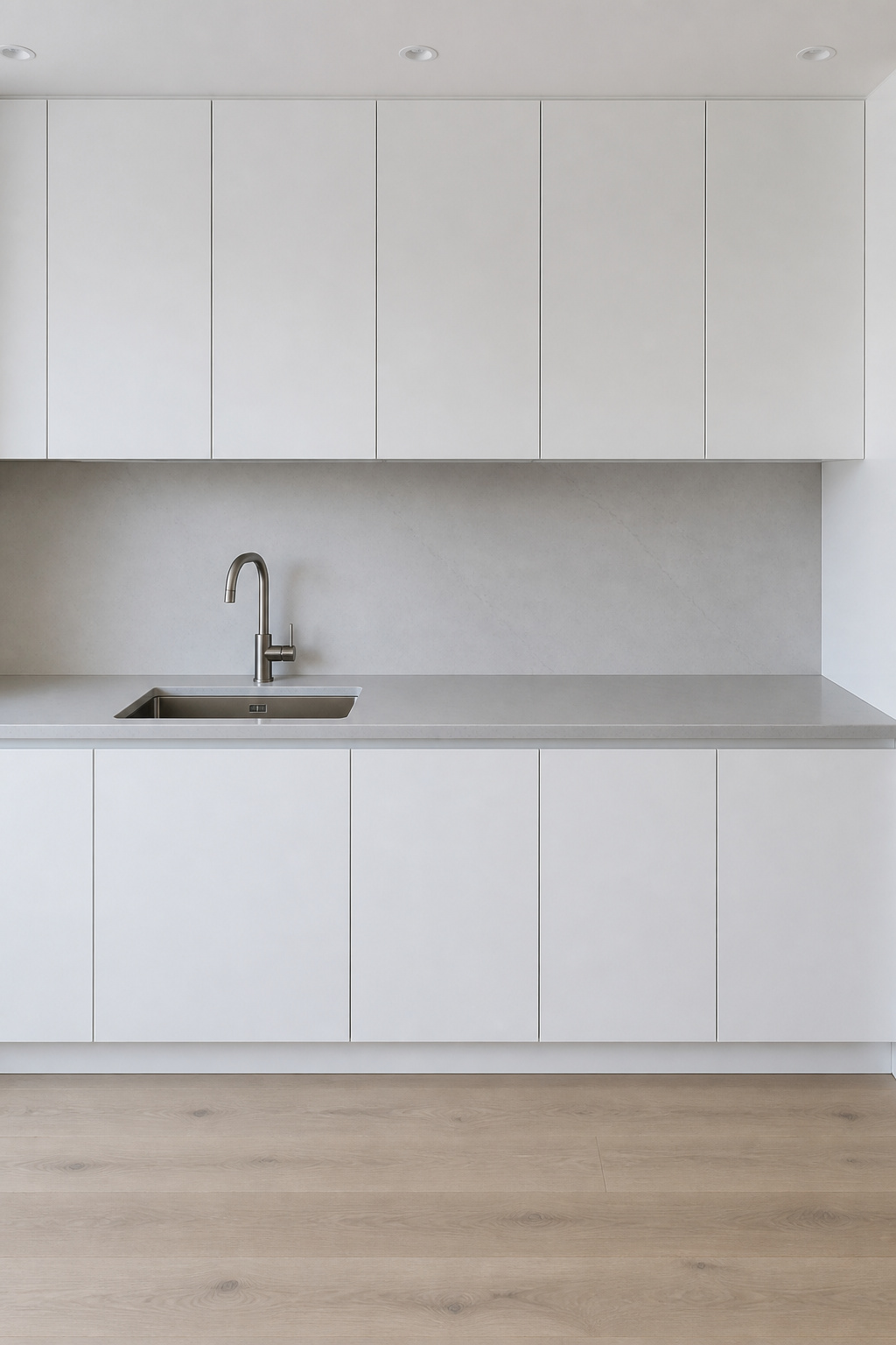 A single quartz slab spanning the full counter run with no visible seam is one of the minimalist kitchen ideas that costs the least to specify and delivers the most visual impact.