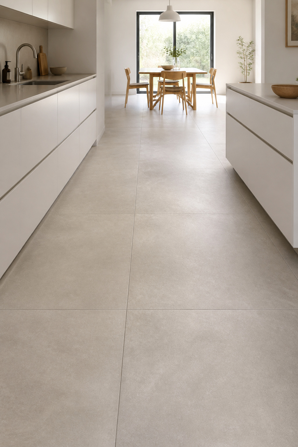 Large-format 600×1200mm concrete-effect tiles with colour-matched grout create a continuous floor plane from kitchen to dining — one of the minimalist kitchen flooring ideas that costs the least and changes the most.