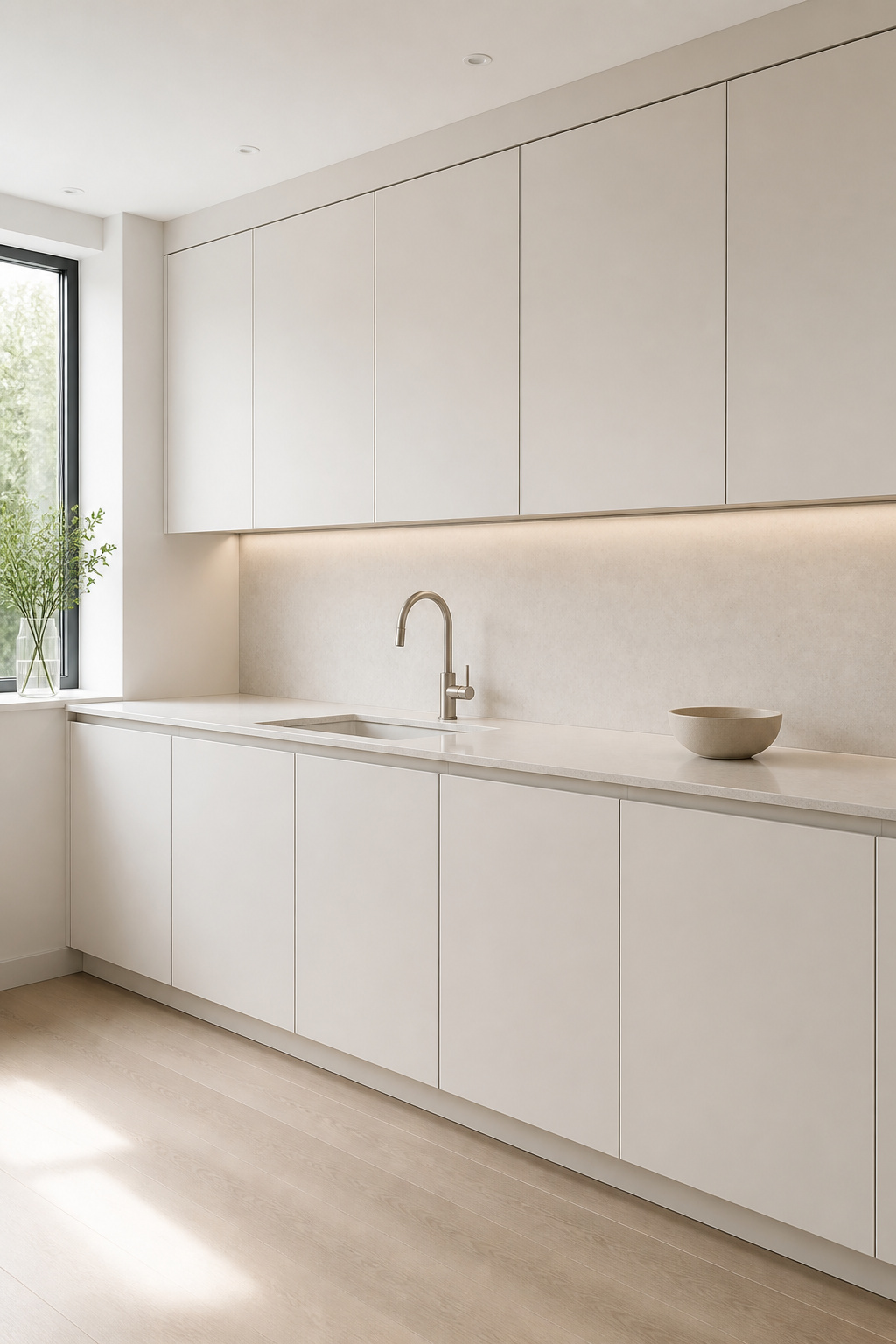 Flat-front handleless cabinets with a Gola rail system create an uninterrupted wall of white — the defining starting point for any minimalist kitchen.