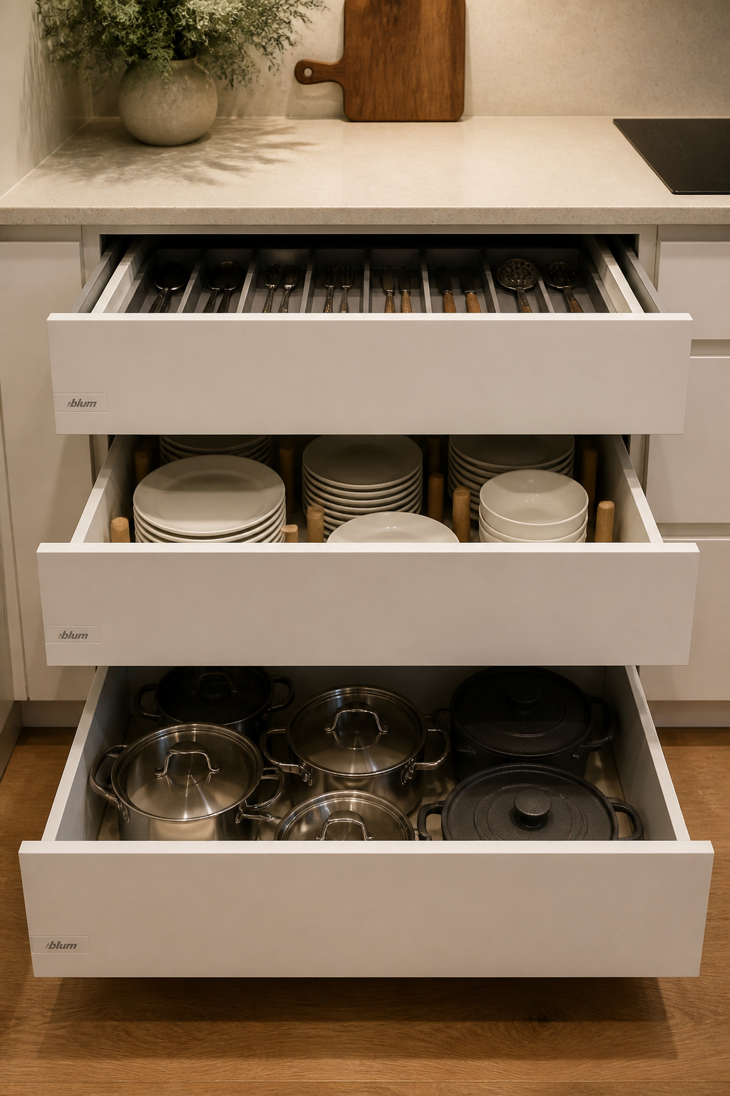 A three-tier deep drawer bank puts every pot, plate, and utensil at counter height with one pull — the most functional of all minimalist kitchen storage ideas.