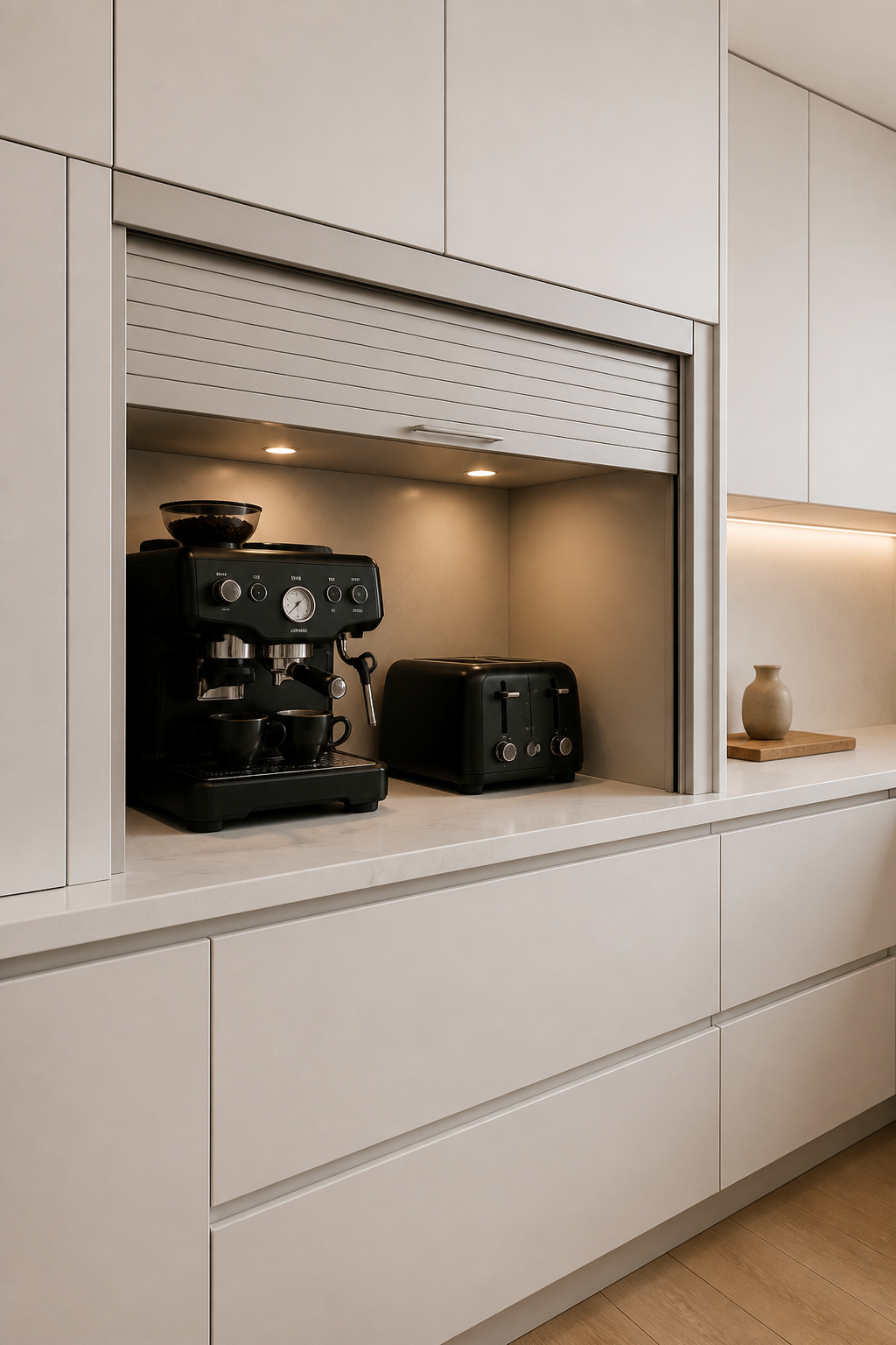 A roll-up tambour door reveals a fully equipped appliance station while keeping every inch of counter completely clear when not in use.