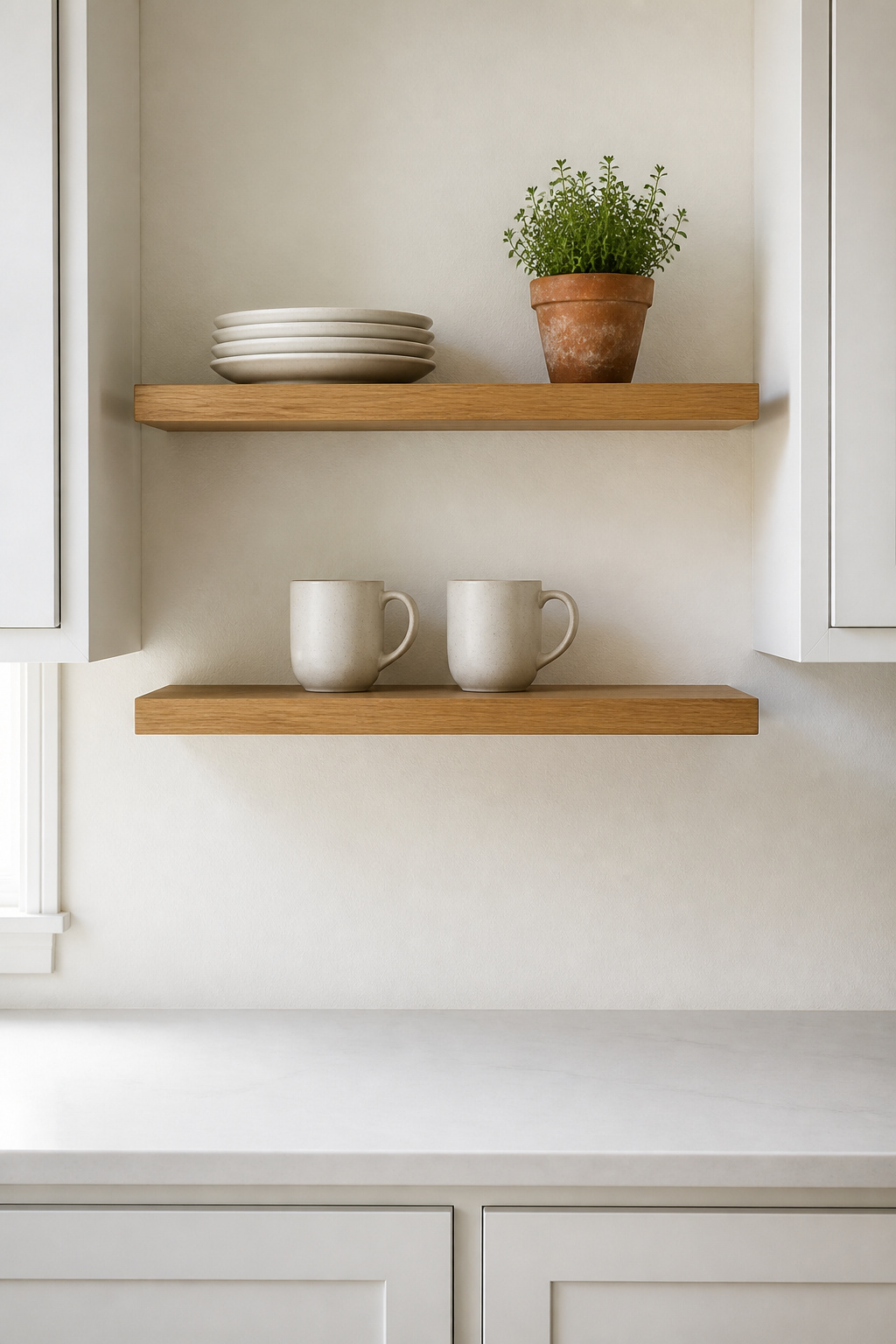 Ruthlessly edited open shelves — five objects maximum — carry all the warmth of display without any of the visual noise of storage.