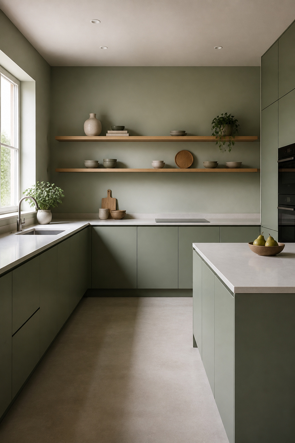 A sage green tonal palette — cabinet, wall, and oak details in the same warm family — delivers the quiet cohesion that defines the best minimalist kitchen color schemes.