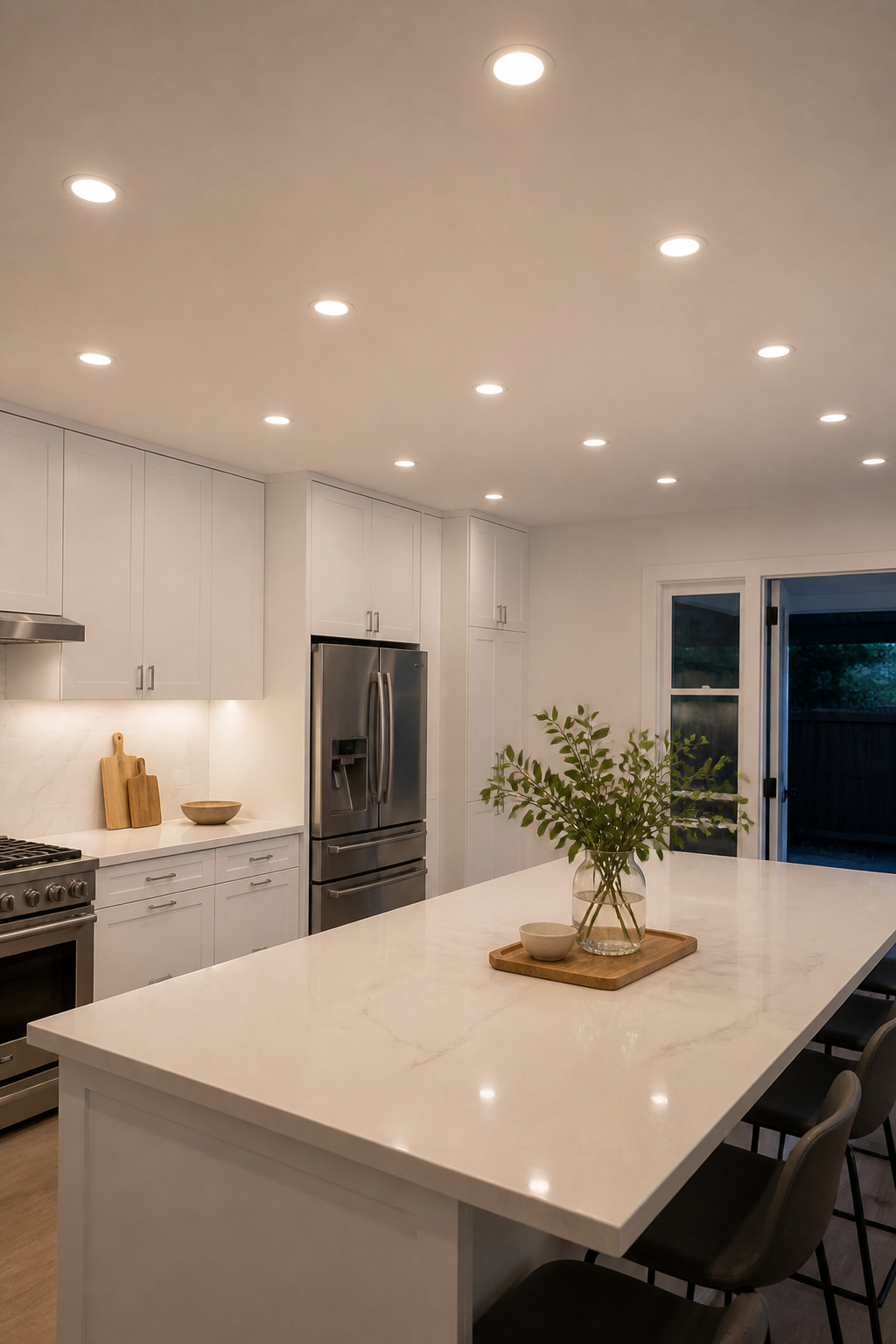 A grid of recessed LED downlights delivers even task lighting across the island and counter without any pendant hardware interrupting the ceiling plane.