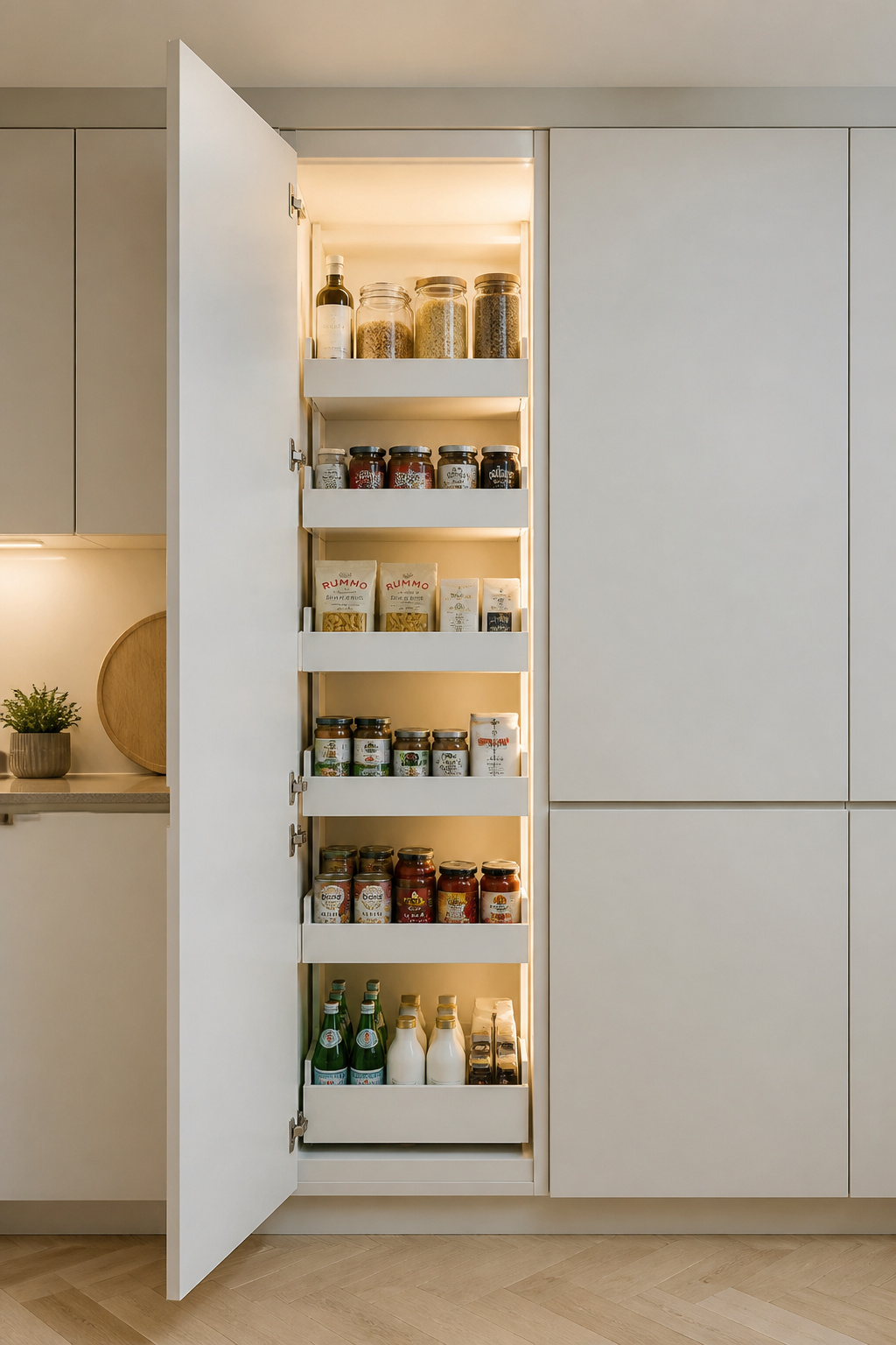 A built-in pantry with flush-matching doors stores an entire kitchen's worth of dry goods invisibly — closed, it's indistinguishable from the surrounding cabinets.