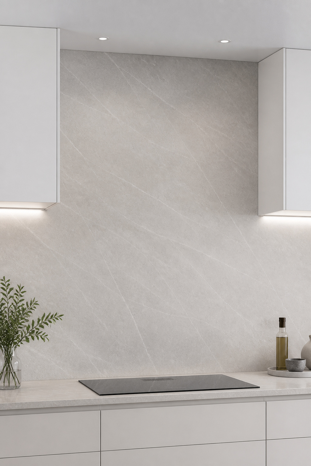 A full-height porcelain slab backsplash eliminates every horizontal seam between counter and ceiling — one of the minimalist kitchen ideas with the highest visual impact per square foot.