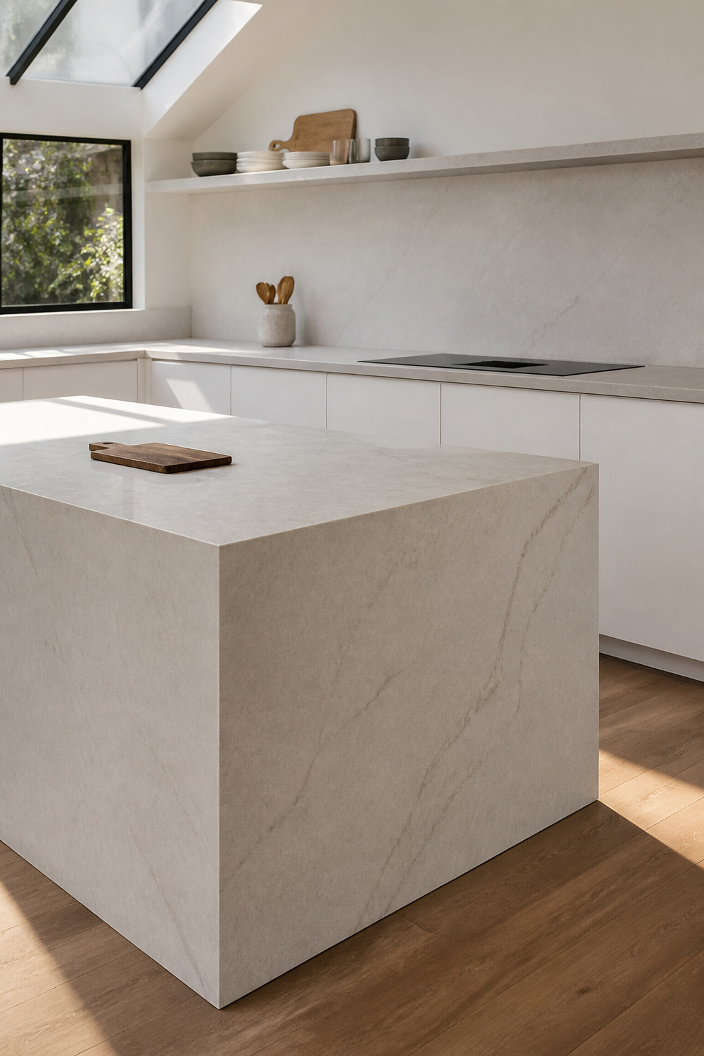 A single-material waterfall island anchors the kitchen without competing with it — the vein pattern folds continuously from horizontal to vertical.