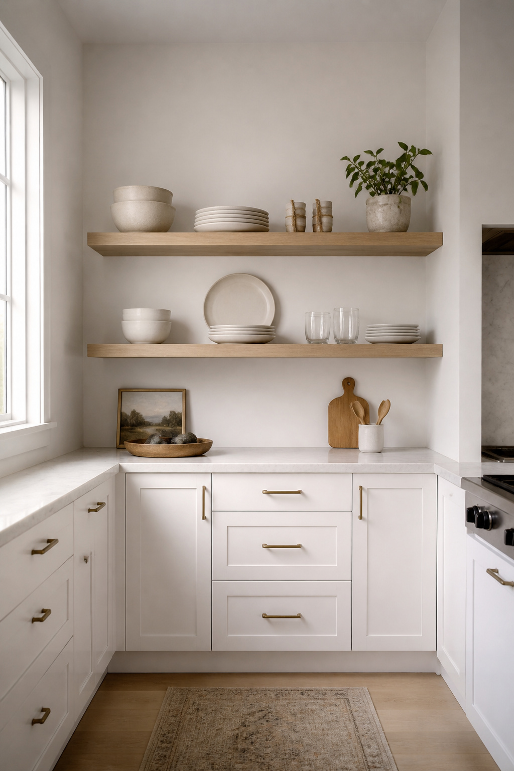 One wall of floating shelves in place of upper cabinets — the most accessible of all minimalist kitchen ideas for opening up a closed-in kitchen.