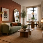 A color-conscious apartment living room combining layered lighting, botanical decor, a statement boucle sofa, and renter-friendly wall treatments for a space that feels curated rather than assembled.
