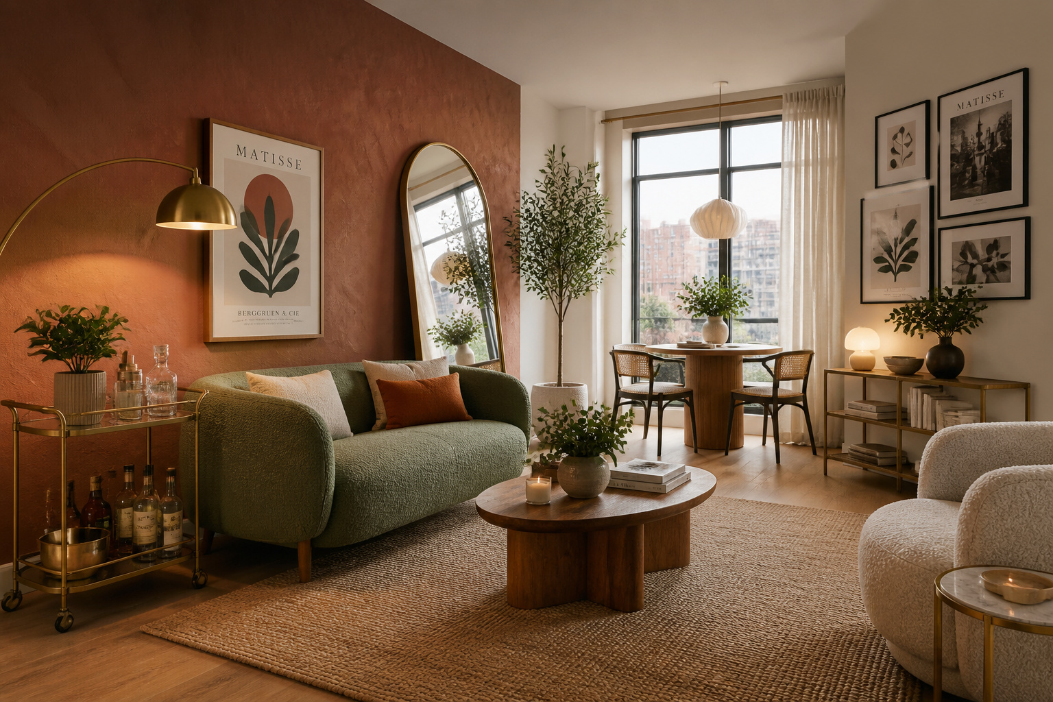 A color-conscious apartment living room combining layered lighting, botanical decor, a statement boucle sofa, and renter-friendly wall treatments for a space that feels curated rather than assembled.