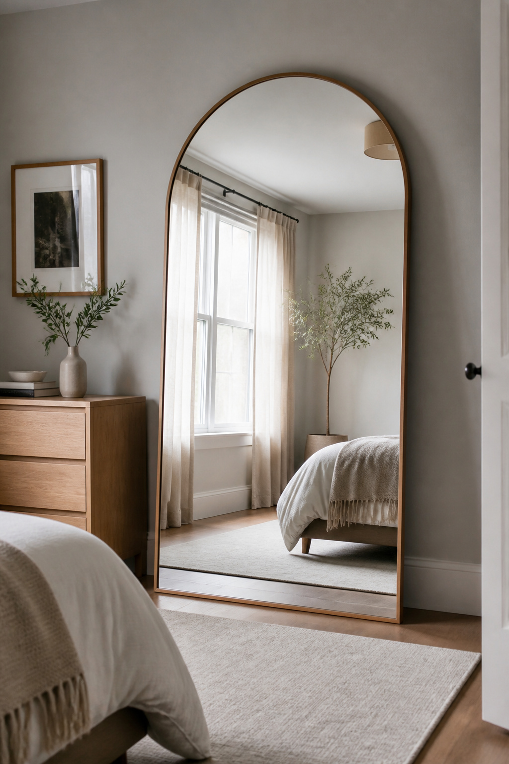 A 75-inch arch-top leaning mirror positioned opposite a window effectively doubles the natural light and visual depth in this apartment bedroom — no drilling required.