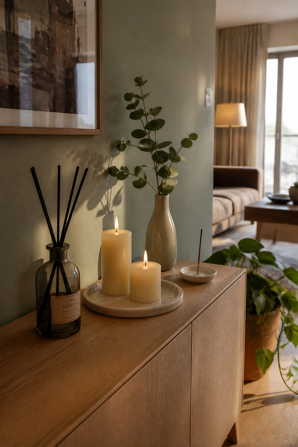 A curated scent-scape arrangement — reed diffuser, pillar candles, and a eucalyptus stem — transforms an apartment sideboard into a sensory design vignette.