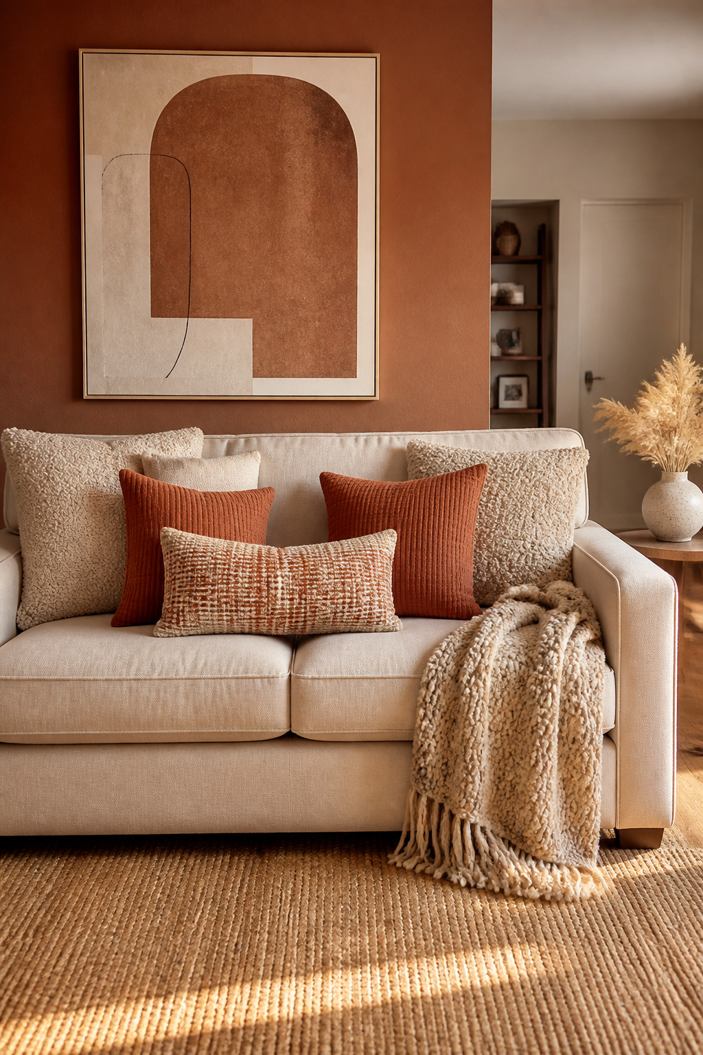 Three textures — boucle, ribbed cotton, and chunky knit — layered across a cream linen sofa demonstrate how textural contrast creates warmth without relying on colour.