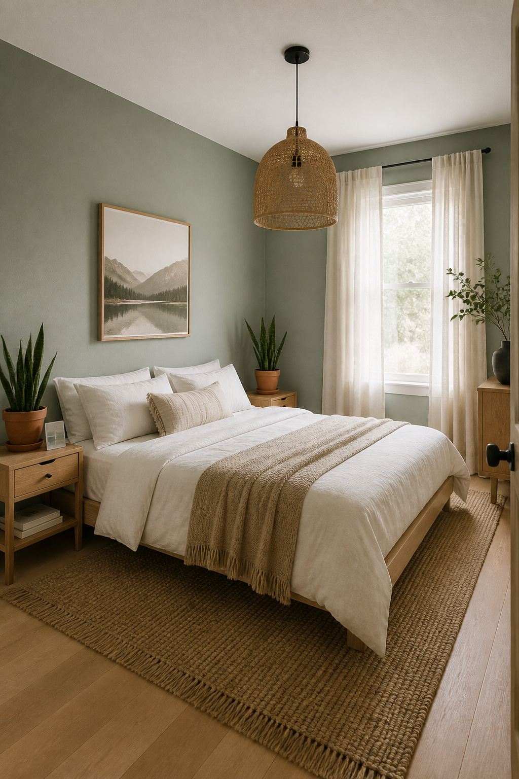 Sage green paint in a muted tone — the colour psychology choice for a bedroom that supports rest and cortisol reduction — transforms this apartment bedroom's entire psychological character.